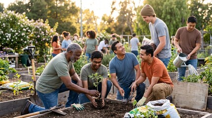 Obraz premium Diverse group of people working together in a community garden planting a seedling
