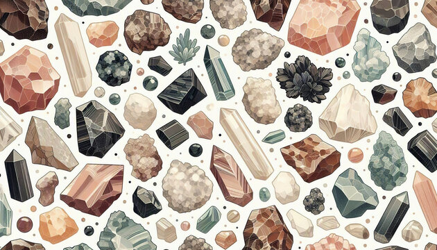 mixed raw minerals and gemstones including quartz pyrite seamless repeat wallpaper background image