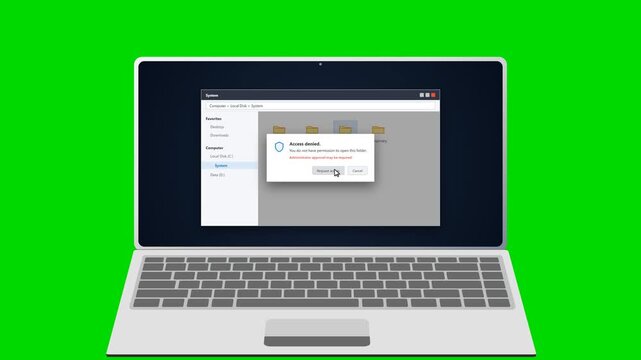 Laptop computer with access denied error message on green screen. 4K Video