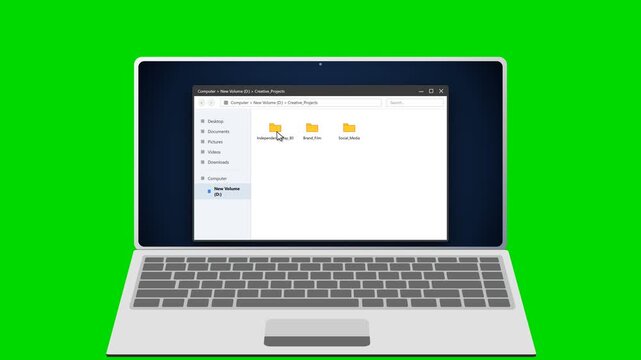Laptop displaying file explorer with indian flag on green screen. 4K Video
