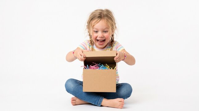 Excited young girl opening a cardboard box filled with colorful shredded paper on a white background