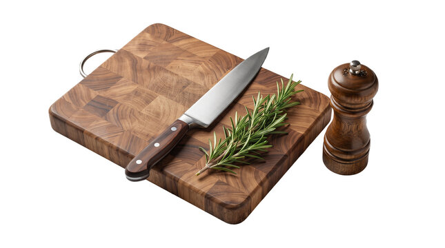 Kitchen preparation set with wooden cutting board as transparent cutout