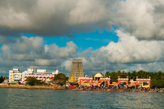 Ramanathaswamy temple and Rameswaram Beach view from Arabian sea, India