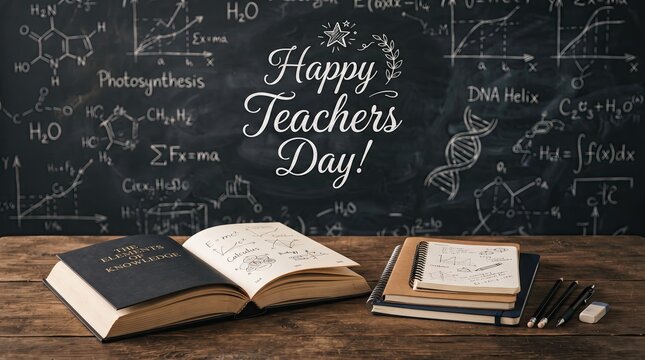A festive chalkboard background with open books and stationery celebrating the annual teachers day holiday event
