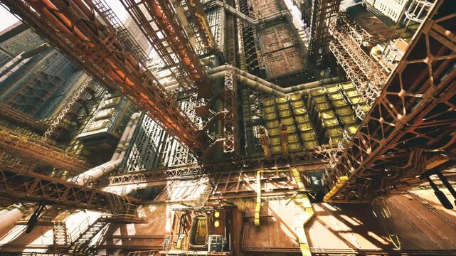 dense industrial maze of pipes and girders, claustrophobic intensity with shafts of light piercing metal layers, safety inspector imagined threading