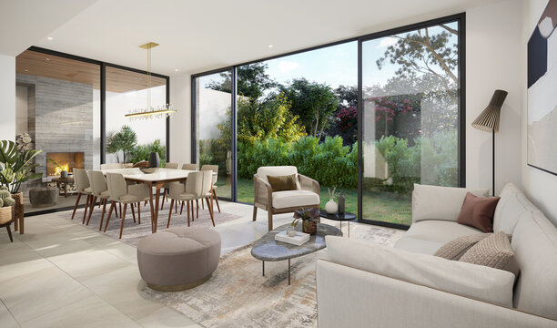 Area social de departamento con vista al jardin, 3d render