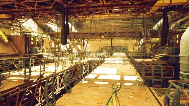 Abandoned ship engine room walkway bathed in amber light, long service deck flanked by boilers and piping, soot and grime coating valves and gauges, atmosphere