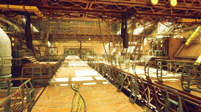 Sunlit industrial catwalk with railings and grating, empty maintenance corridor bathed in warm golden light, dense network of pipes and cables, worn metal