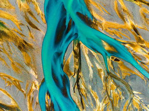 Abstract River braids -Gold and Turquoise