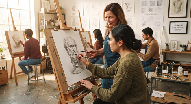 Art instructor guiding young female student drawing plaster bust sculpture on easel in bright creative studio.