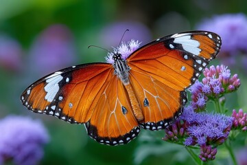 Obraz premium Vibrant Orange Butterfly on Purple Flowers