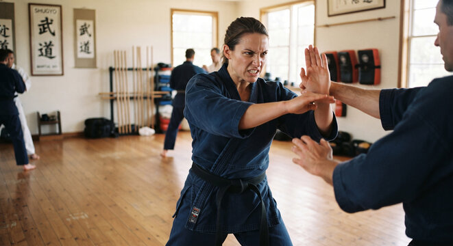Focused female martial artist practicing defensive moves with partner in traditional training dojo hall.