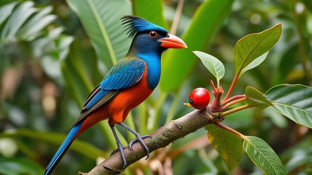 Vibrant tangara cayana bird eating a red berry on a branch