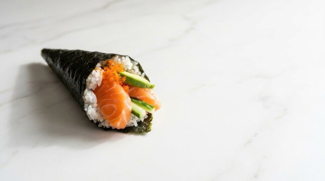 Minimalist salmon temaki sushi with cucumber on a clean white marble background