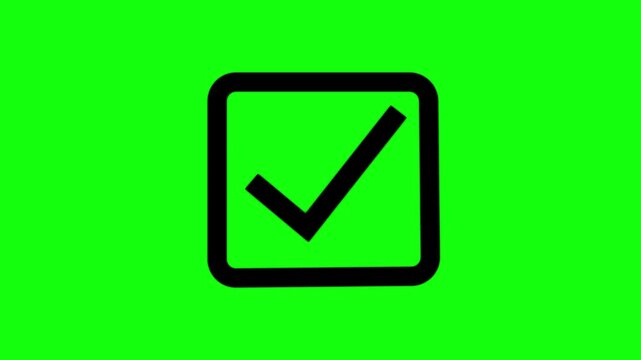 Check box check mark symbol animation icon for selection confirmation status Approved option and correct choice indication process on green screen background