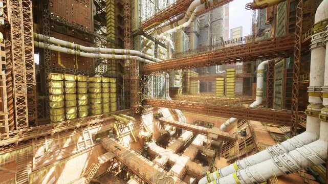 sunlit vertical infrastructure and corridors with layered catwalks, clean conduits and repetitive geometry, elevated balconies overlook storage trunks, bright