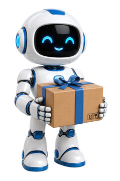 Cute 3D robot character holding a gift box with blue ribbon, AI mascot for delivery, logistics, and e-commerce services, isolated on transparent background.