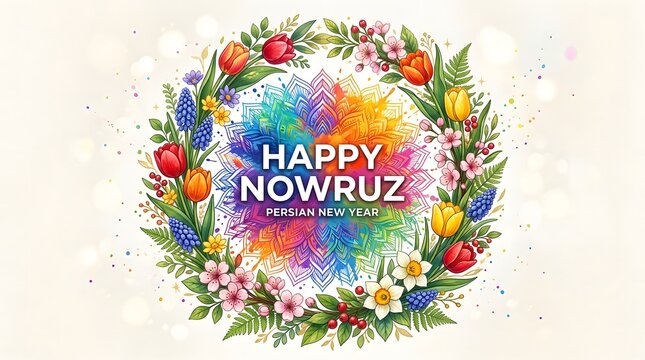 Happy Nowruz greeting card with colorful floral wreath and mandala pattern for Persian New Year celebration design