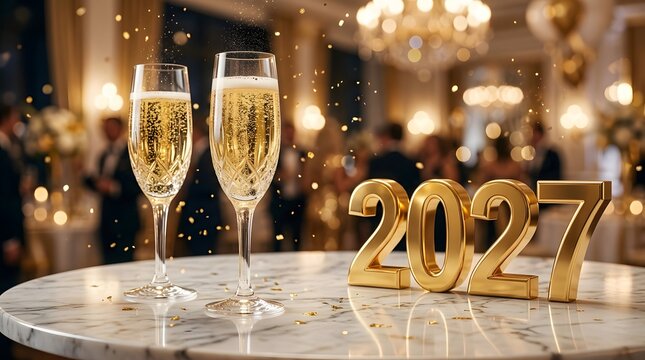Two champagne glasses with golden 2027 numbers on a marble table at a festive new year party