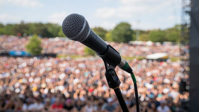 Close-up of a handheld microphone on a stand at an outdoor music festival