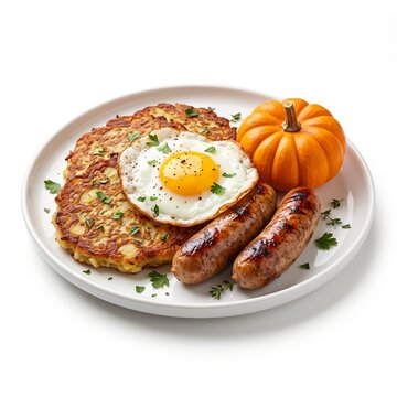 Full Irish Boxty Breakfast Plate with Halloween Pumpkin Isolated on White