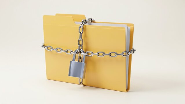 Yellow file folder wrapped in metal chains with a padlock