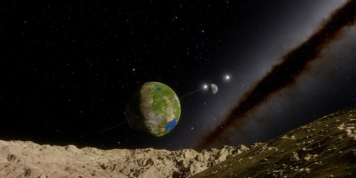 Green vegetated exoplanet with moon rising over rocky alien peaks