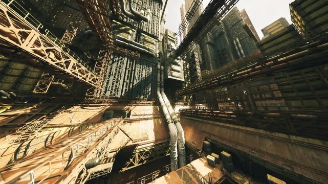 vast rusted pipework under hazy skyline, complex catwalks and girders forming layered industrial maze, strong sunlight casting long shadows, textured metal
