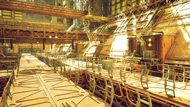 Massive industrial assembly hall flooded with warm light, rows of heavy machinery and conveyors, exposed beams and service platforms, sense of engineered scale