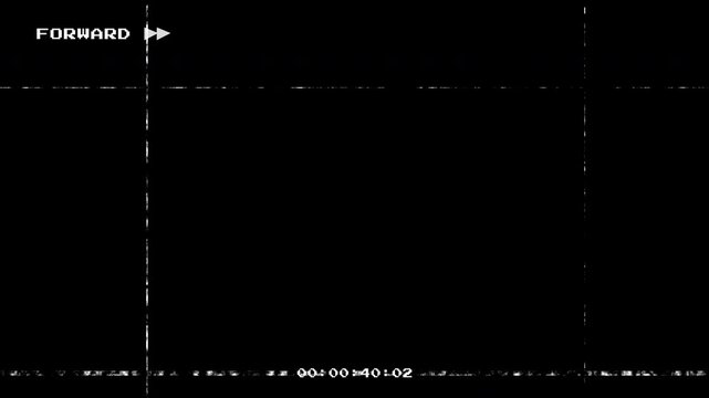 Retro VHS tape glitch effect with forward fast playback text and running timecode on a black background featuring analog noise filmgrain and tracking defects