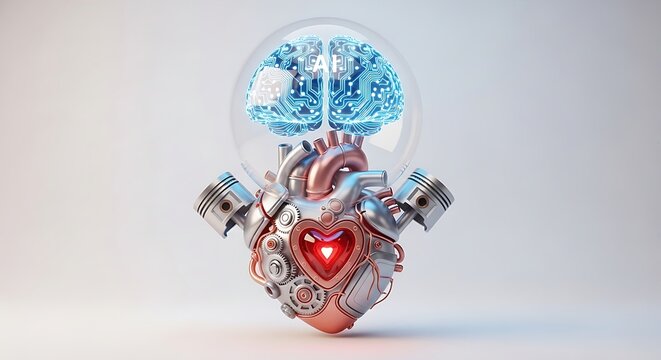 Red glowing mechanical heart with gears, topped by a glass sphere containing a blue AI brain circuit on a light gray background.