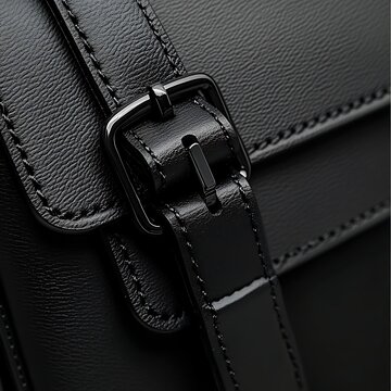 Close up of a black leather messenger bag strap and buckle detail showcasing quality craftsmanship and design