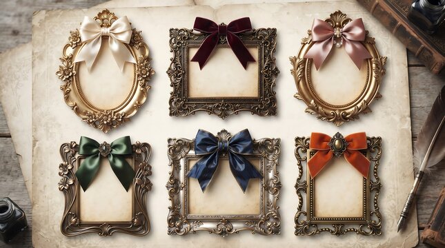 Collection of Vintage Ornate Picture Frames with Decorative Ribbons