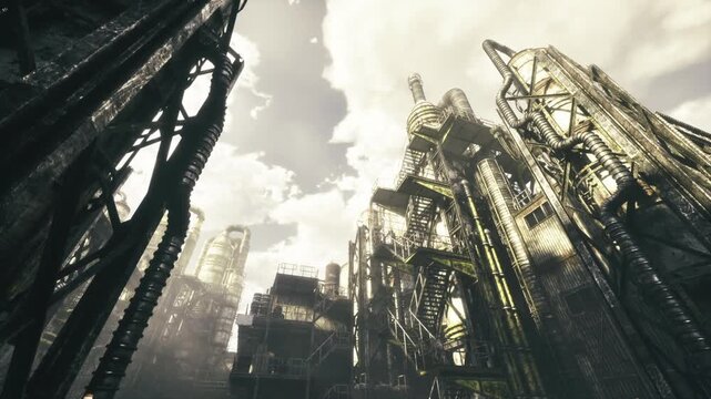 ascending industrial towers with bright backlight, vertical transport pods and automated logistics paths frame towering metal faades and intricate pipe