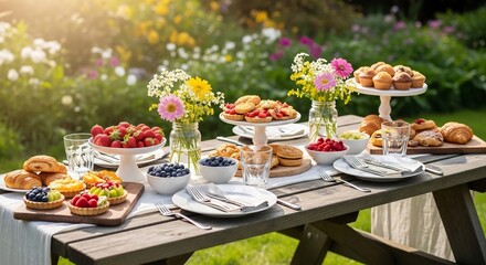 Fototapeta premium Spring garden brunch setting with fresh food