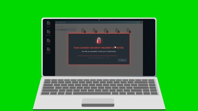 Laptop showing cybersecurity ransomware awareness simulation on green screen. 4K Video
