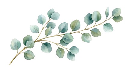 Obraz premium Watercolor of a eucalyptus branch with rounded green leaves on a thin brown stem, isolated on a white background