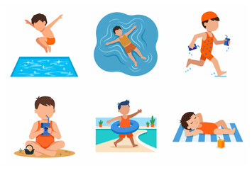 Obraz premium Flat vector illustration set of children enjoying summer activities such as swimming, sunbathing, and drinking juice at the beach or pool