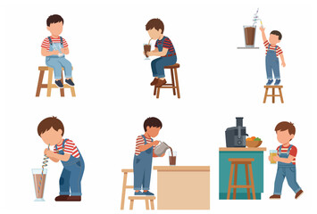 Set of vector illustrations of a cute little boy drinking juice, chocolate milk, and milkshakes in various daily activities.