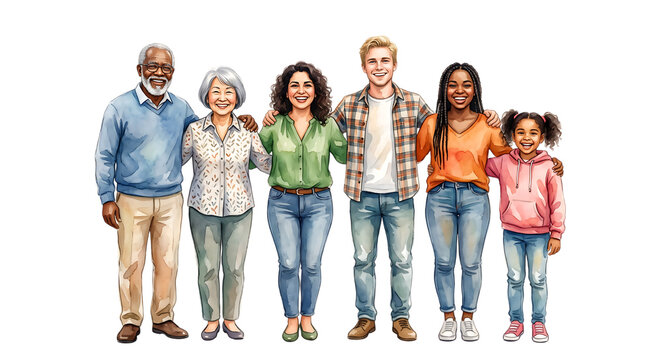 A diverse group of people from different generations stand together in unity.