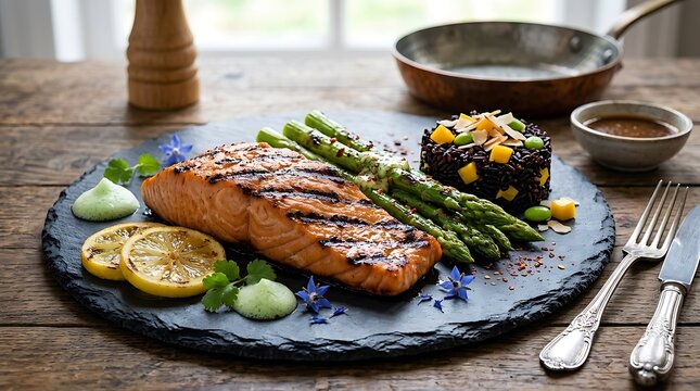 Extreme macro photography of a perfectly grilled pink salmon fillet served with fresh green asparagus, featuring cinematic lighting for premium restaurant menu design and healthy food blogs.