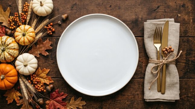 Empty white plate with autumn pumpkins and dried leaves on a rustic wooden table for thanksgiving dinner celebration