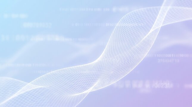 White wireframe mesh wave on blue purple background with binary code with gradient background scattered visualization technology futuristic abstract internet digital with pattern