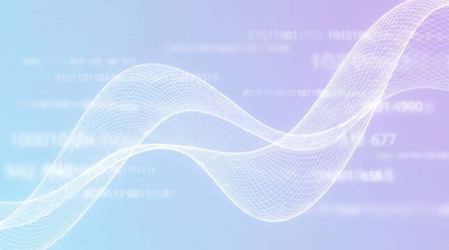 Waveform mesh grid with binary code background technology concept with purple background scattered waveform against gradient white wireframe mesh gradient blue visualization