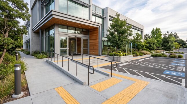 Modern office building exterior featuring clean glass architecture and accessible ramp entrance under bright sunny skies
