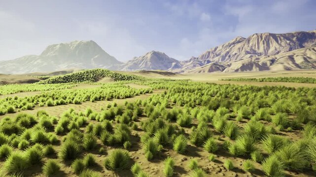 sunlit arid shrubland with mountains framing scene, rows of young shrubs on sandy plain, conservation planting pattern, blue sky, distant ridgeline,