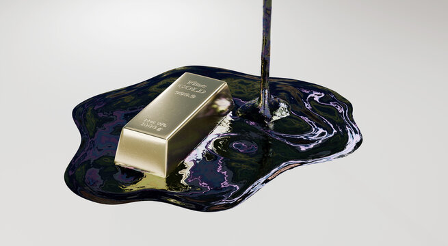 Energy and wealth concept featuring flowing oil beside a gold bar, symbolizing commodity value and market strength. Designed for oil, gold, finance, energy and investment businesses.