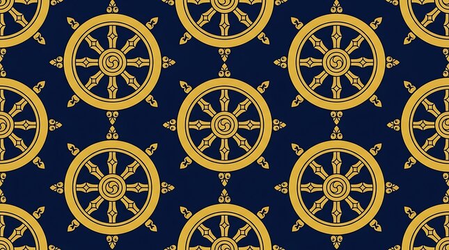 Golden dharmachakra wheels in a seamless pattern on navy blue