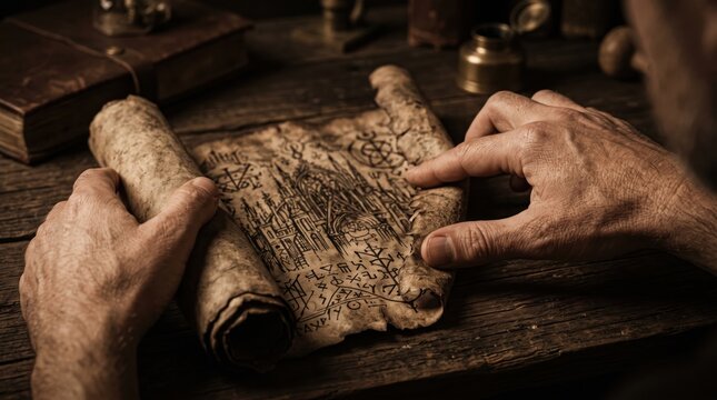 Ancient halloween scroll unfurling on rustic wooden table with man's hands during dim candlelight for mysterious concept