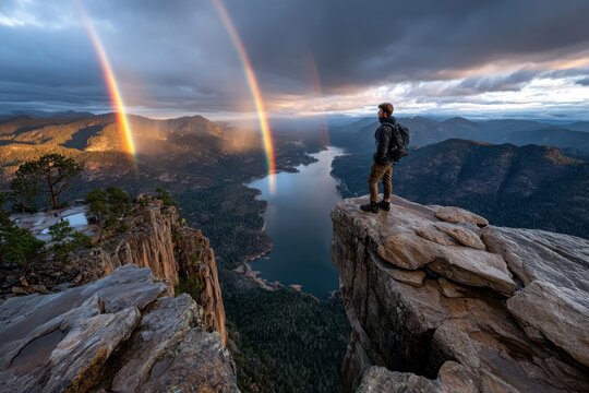 Hiker on cliff edge overlooking double rainbow over lake and mountains
